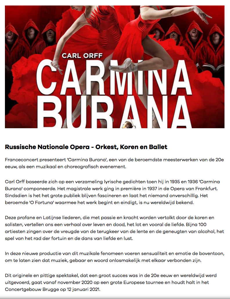 Page Internet. Concertgebouw Brugge. Carmina Burana. Russische Nationale Opera - Orkest, Koren en Ballet. 2021-11-16